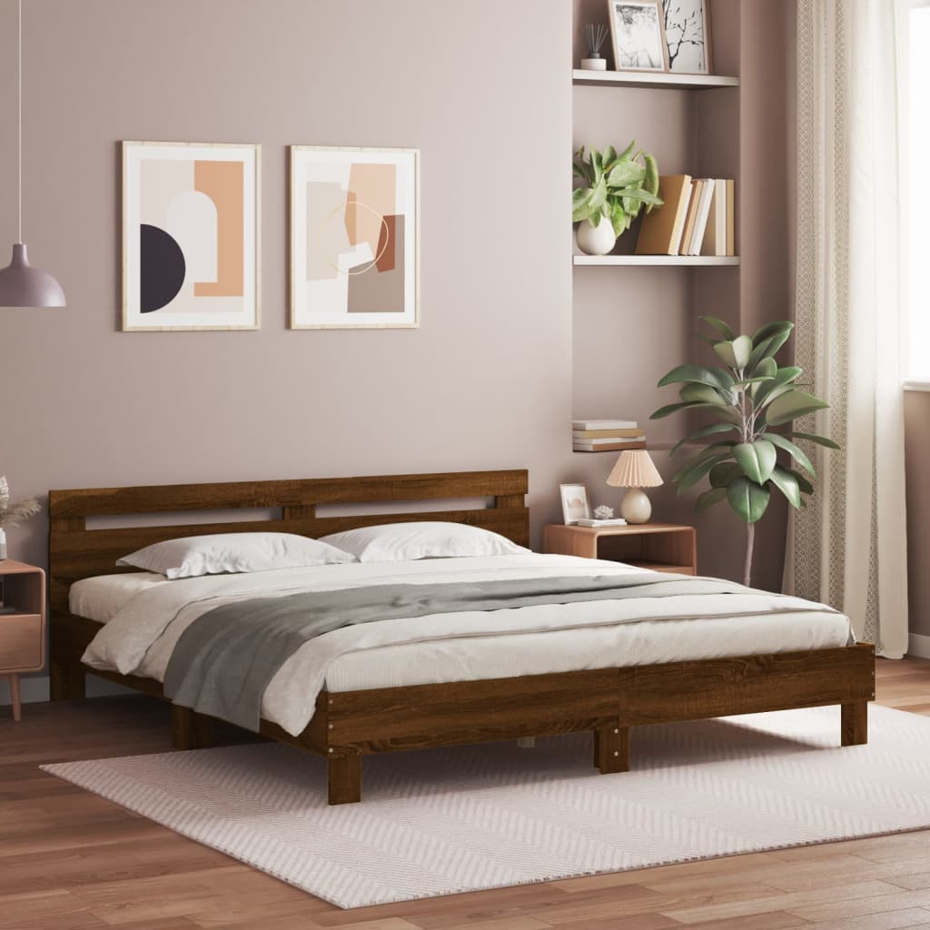 Bedframe met hoofdeinde en LED bruin eikenkleur 180x200 cm is nu te koop bij PeponiXL, paradijselijk wonen!