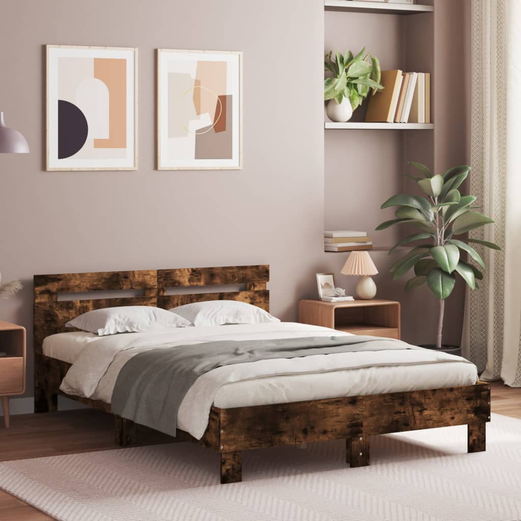 Bedframe met hoofdeinde en LED gerookt eikenkleurig 120x200 cm is nu te koop bij PeponiXL, paradijselijk wonen!