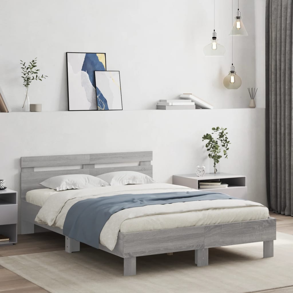 Bedframe met hoofdeinde en LED grijs sonoma eiken 135x190 cm is nu te koop bij PeponiXL, paradijselijk wonen!
