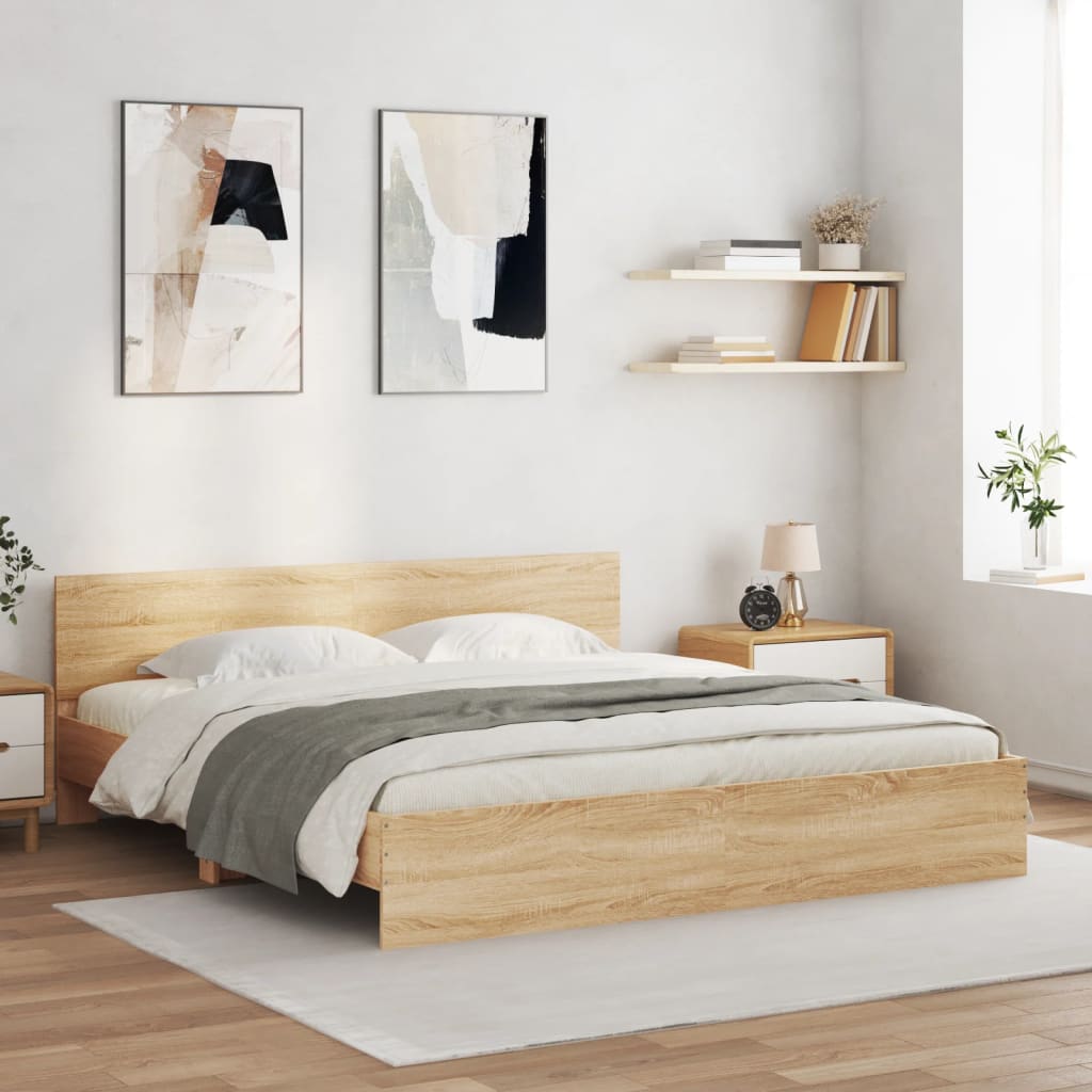 Bedframe met hoofdeinde en LED sonoma eikenkleurig 200x200 cm is nu te koop bij PeponiXL, paradijselijk wonen!