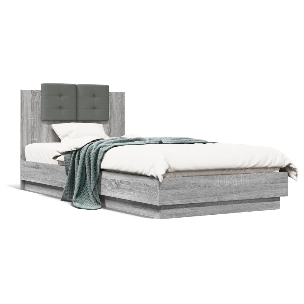 Bedframe met hoofdbord en LED grijs sonoma eikenkleur 90x200 cm is nu te koop bij PeponiXL, paradijselijk wonen!