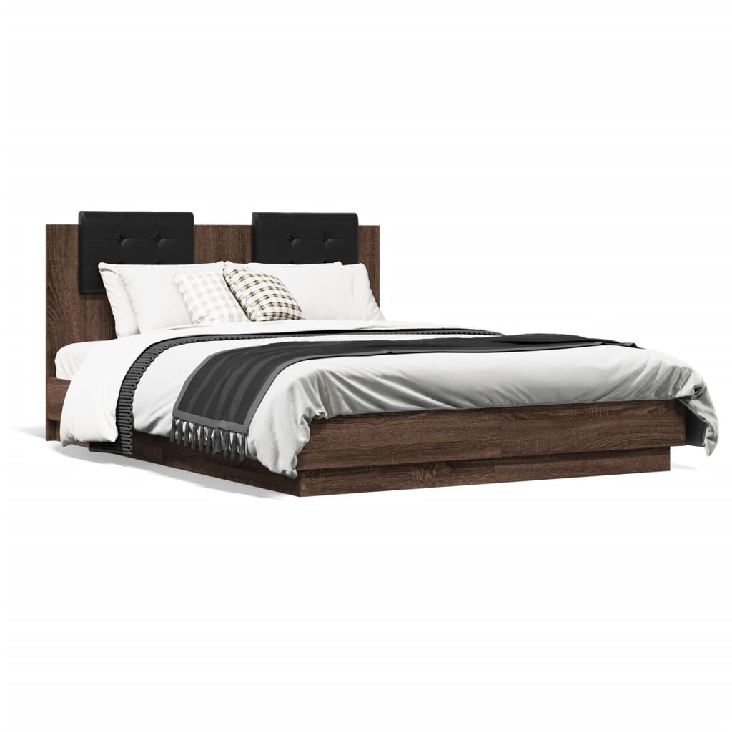 Bedframe met hoofdeinde en LED bruin eikenkleur 135x190 cm is nu te koop bij PeponiXL, paradijselijk wonen!