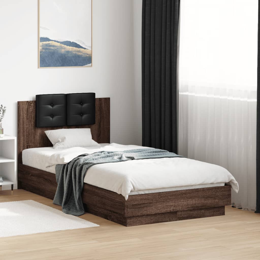 Bedframe met hoofdbord en LED bruin eikenkleur 90x190 cm is nu te koop bij PeponiXL, paradijselijk wonen!
