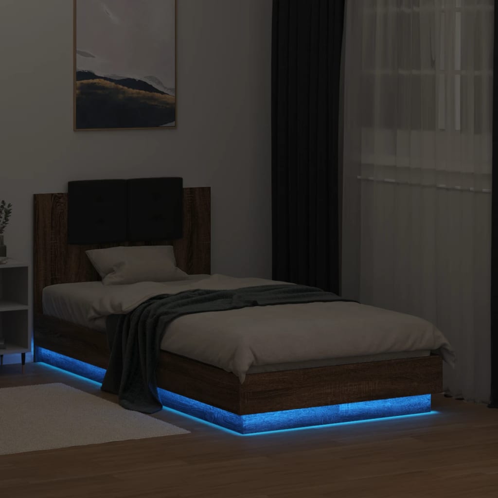 Bedframe met hoofdbord en LED bruin eikenkleur 75x190 cm is nu te koop bij PeponiXL, paradijselijk wonen!