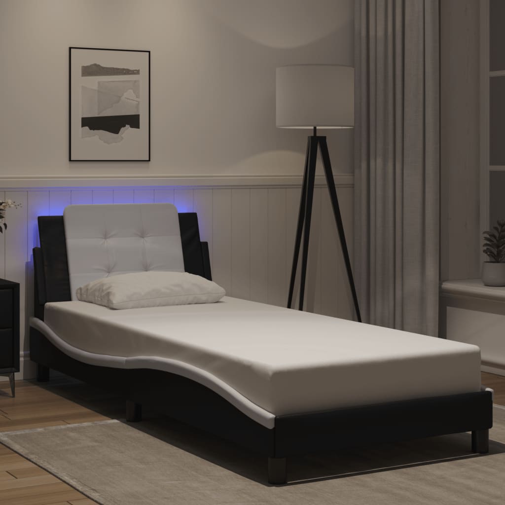 Bedframe met LED-verlichting kunstleer zwart en wit 90x200 cm is nu te koop bij PeponiXL, paradijselijk wonen!