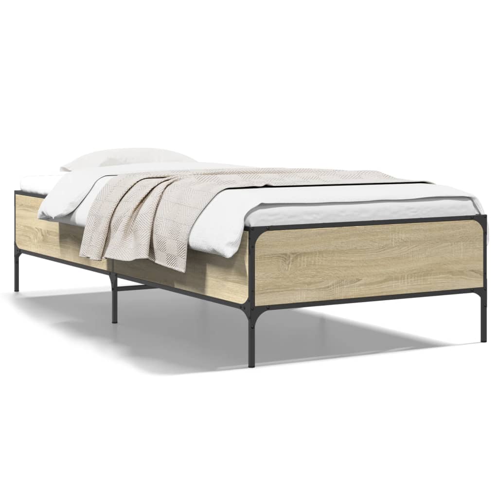 Bedframe bewerkt hout en metaal sonoma eikenkleurig 100x200 cm is nu te koop bij PeponiXL, paradijselijk wonen!
