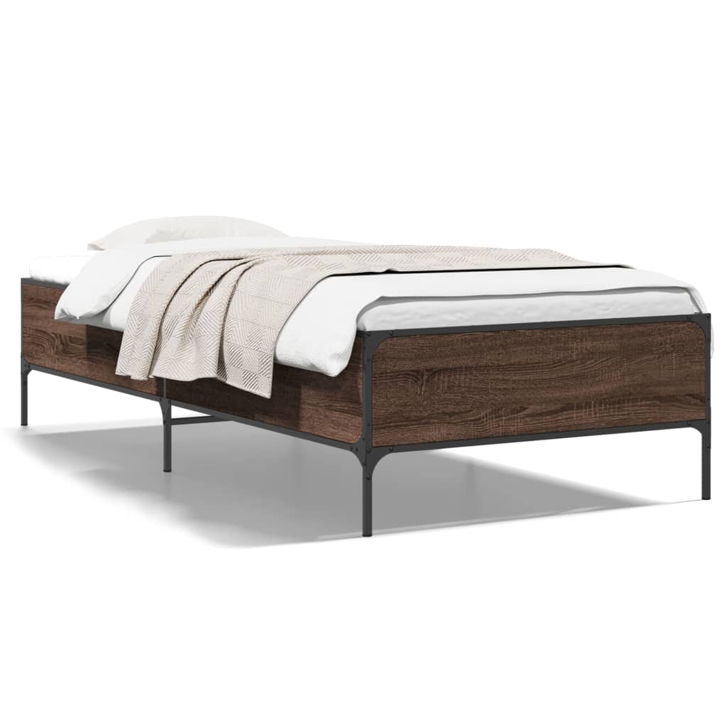 Bedframe bewerkt hout en metaal bruin eikenkleurig 90x190 cm is nu te koop bij PeponiXL, paradijselijk wonen!