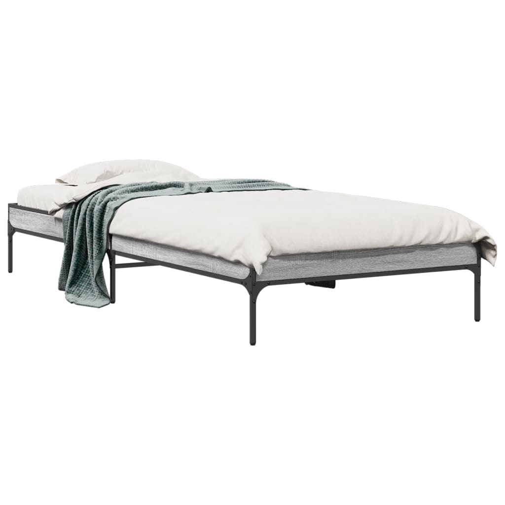 Bedframe bewerkt hout en metaal grijs sonoma eiken 90x190 cm is nu te koop bij PeponiXL, paradijselijk wonen!