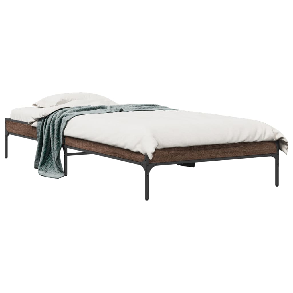 Bedframe bewerkt hout en metaal bruin eikenkleurig 90x190 cm is nu te koop bij PeponiXL, paradijselijk wonen!