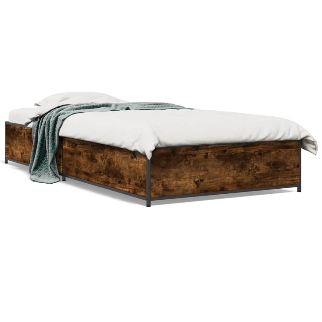 Bedframe bewerkt hout en metaal gerookt eikenkleurig 100x200 cm is nu te koop bij PeponiXL, paradijselijk wonen!