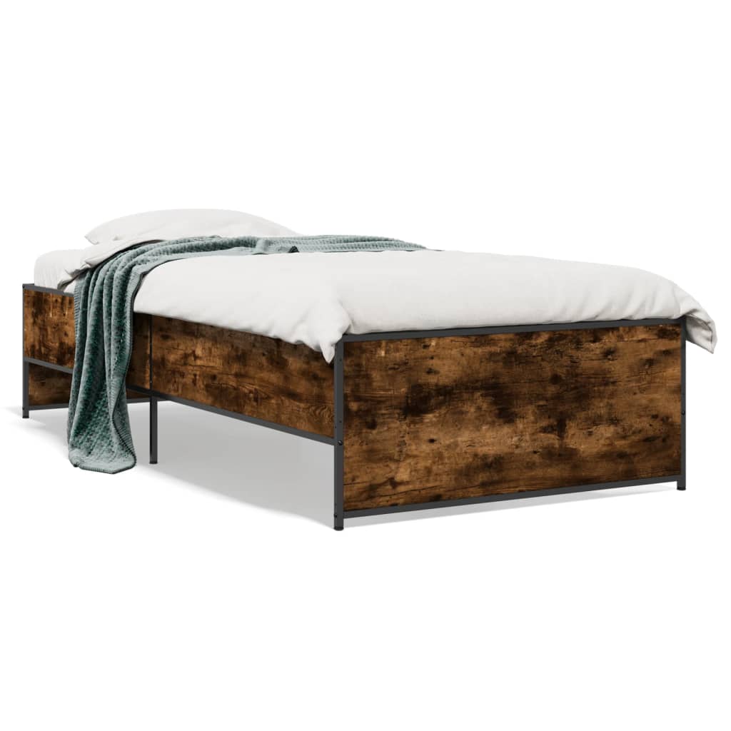 Bedframe bewerkt hout en metaal gerookt eikenkleurig 90x190 cm is nu te koop bij PeponiXL, paradijselijk wonen!