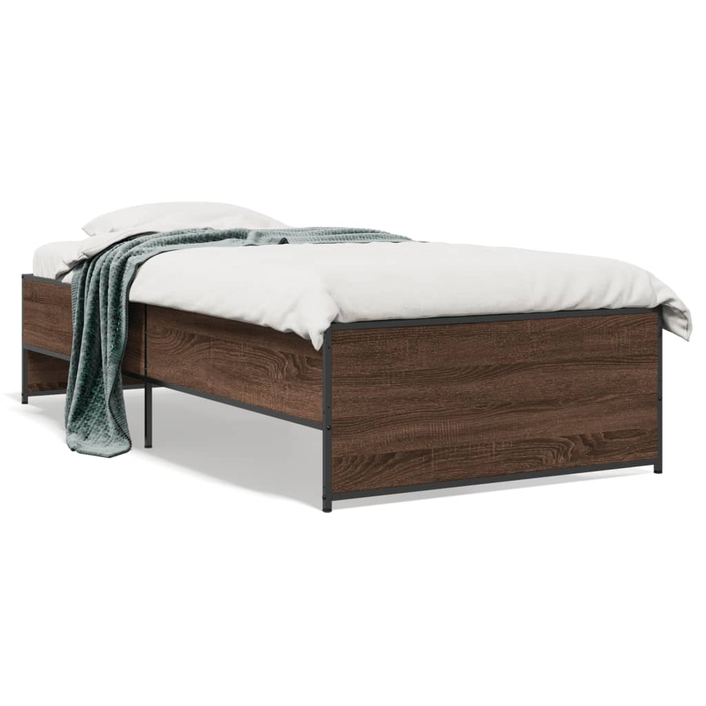 Bedframe bewerkt hout en metaal bruin eikenkleurig 90x190 cm is nu te koop bij PeponiXL, paradijselijk wonen!