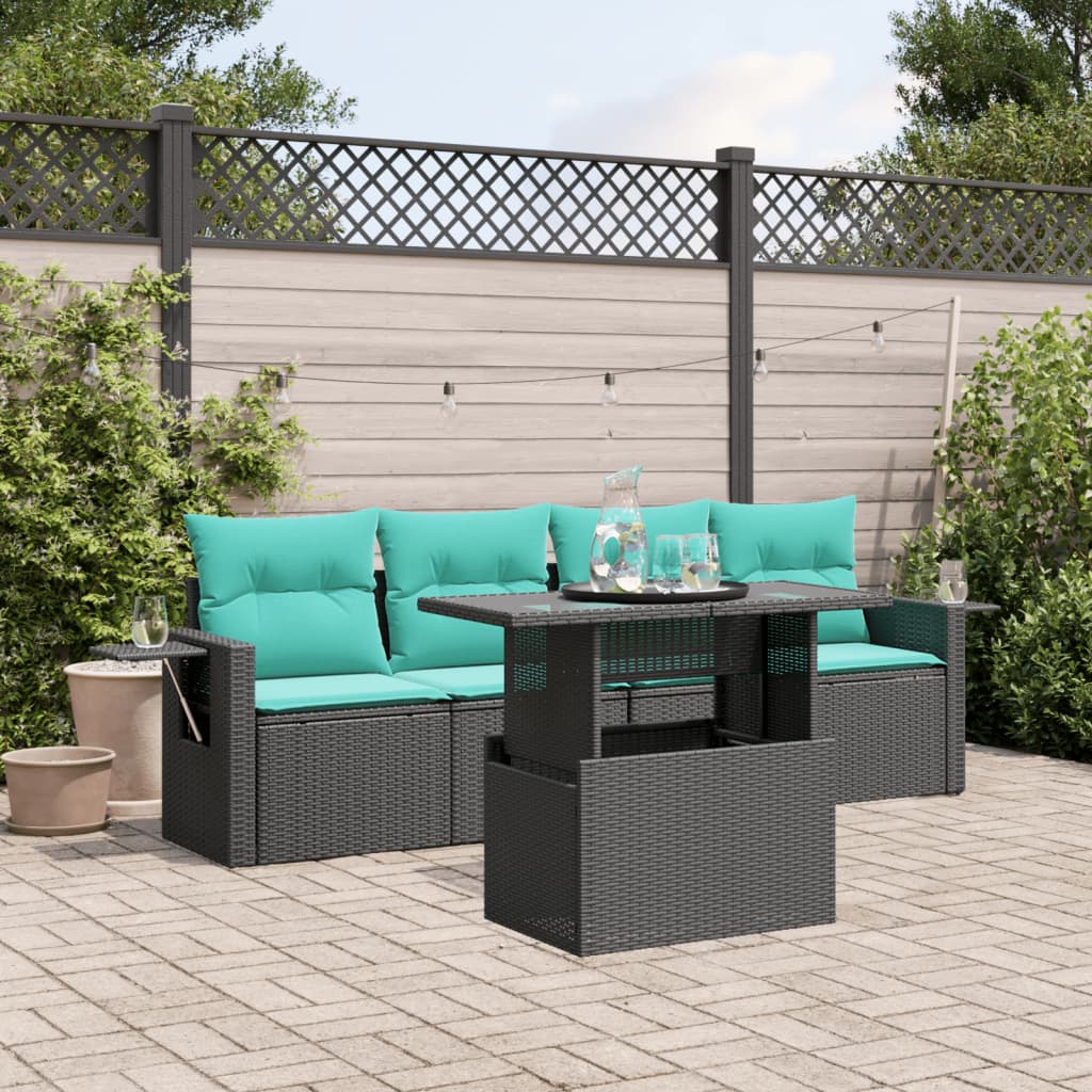 5-delige tuinbankset met kussens van zwart polyrotan is nu te koop bij PeponiXL, paradijselijk wonen!