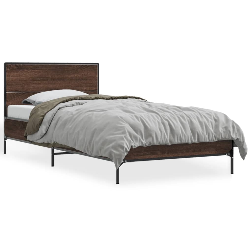 Bedframe bewerkt hout en metaal bruin eikenkleurig 75x190 cm is nu te koop bij PeponiXL, paradijselijk wonen!