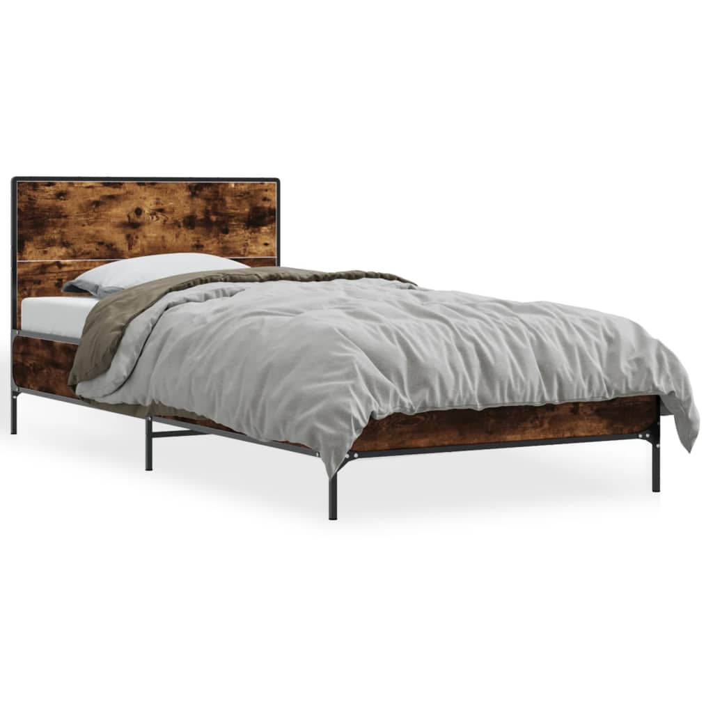Bedframe bewerkt hout en metaal gerookt eikenkleurig 90x190 cm is nu te koop bij PeponiXL, paradijselijk wonen!