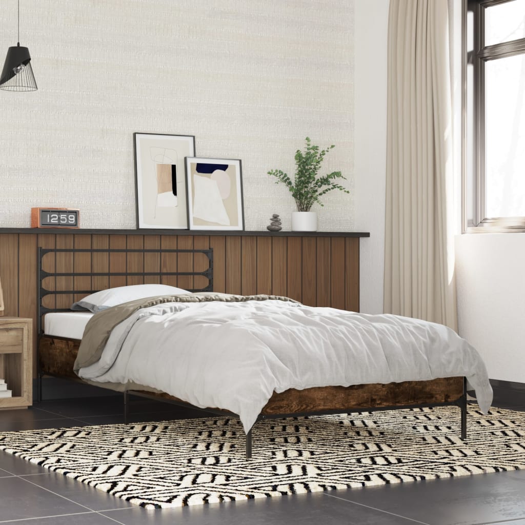 Bedframe bewerkt hout en metaal gerookt eikenkleurig 75x190 cm is nu te koop bij PeponiXL, paradijselijk wonen!