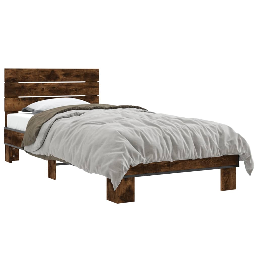 Bedframe bewerkt hout en metaal gerookt eikenkleurig 90x200 cm is nu te koop bij PeponiXL, paradijselijk wonen!