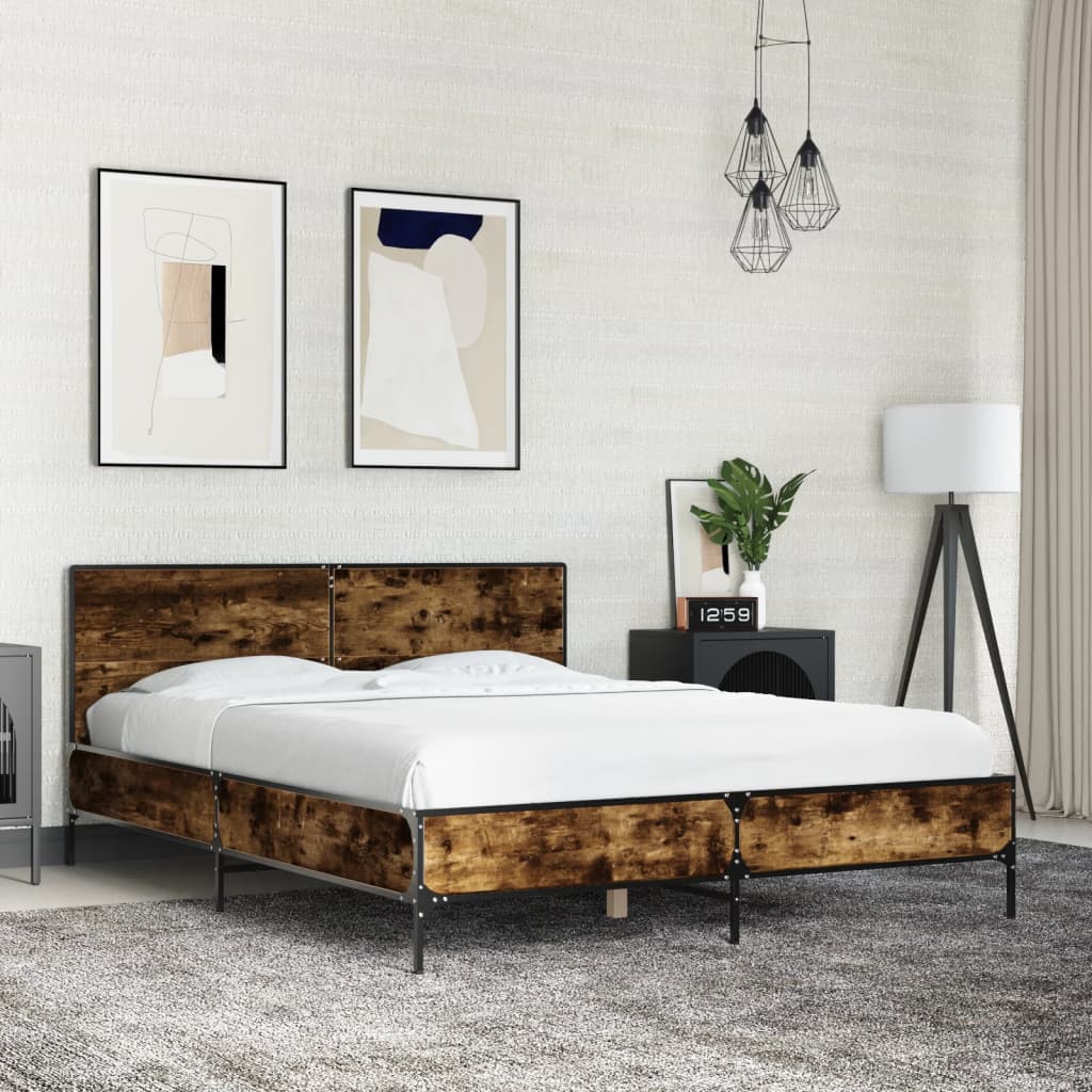 Bedframe bewerkt hout metaal gerookt eikenkleurig 120x200 cm is nu te koop bij PeponiXL, paradijselijk wonen!