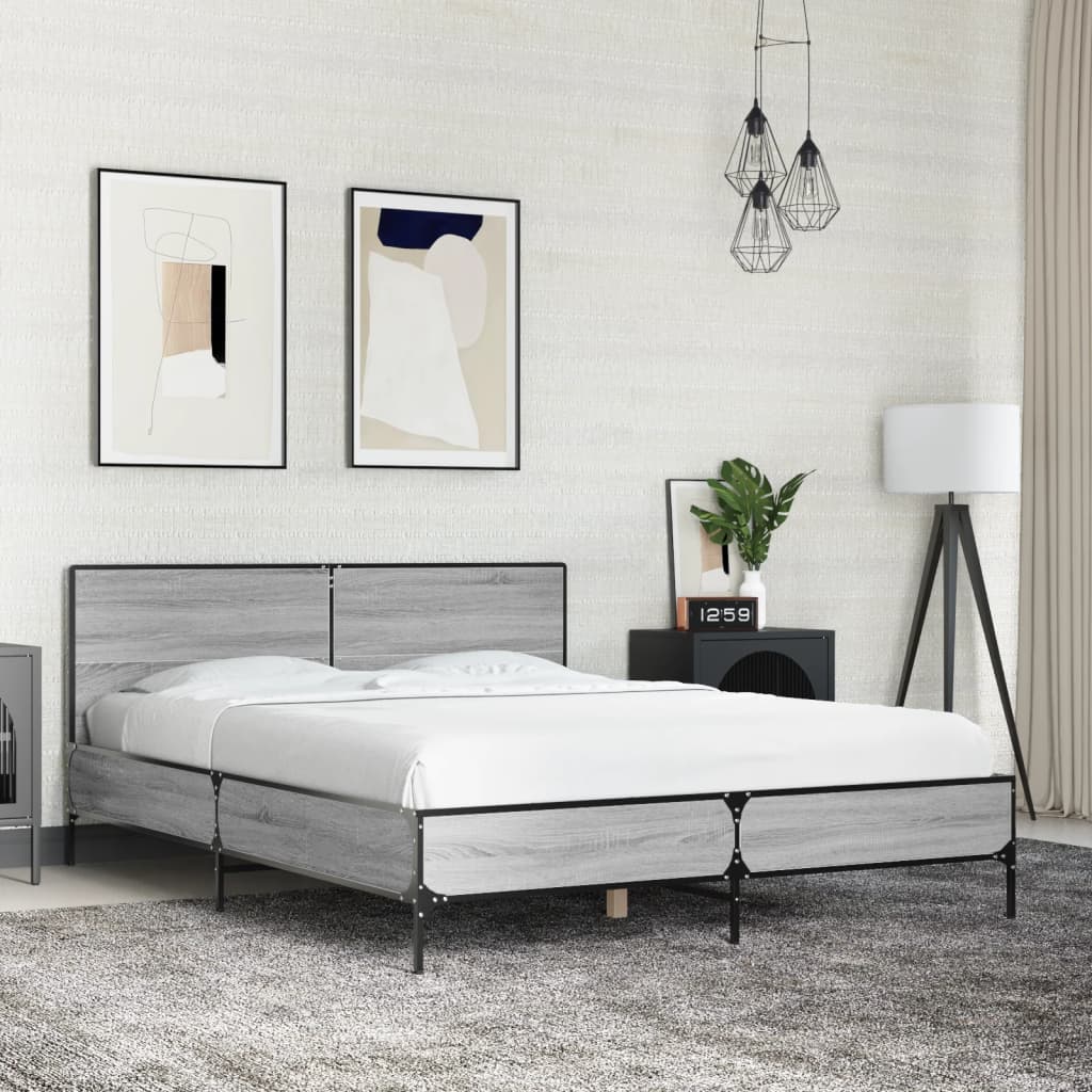 Bedframe bewerkt hout metaal grijs sonoma eiken 140x200 cm is nu te koop bij PeponiXL, paradijselijk wonen!