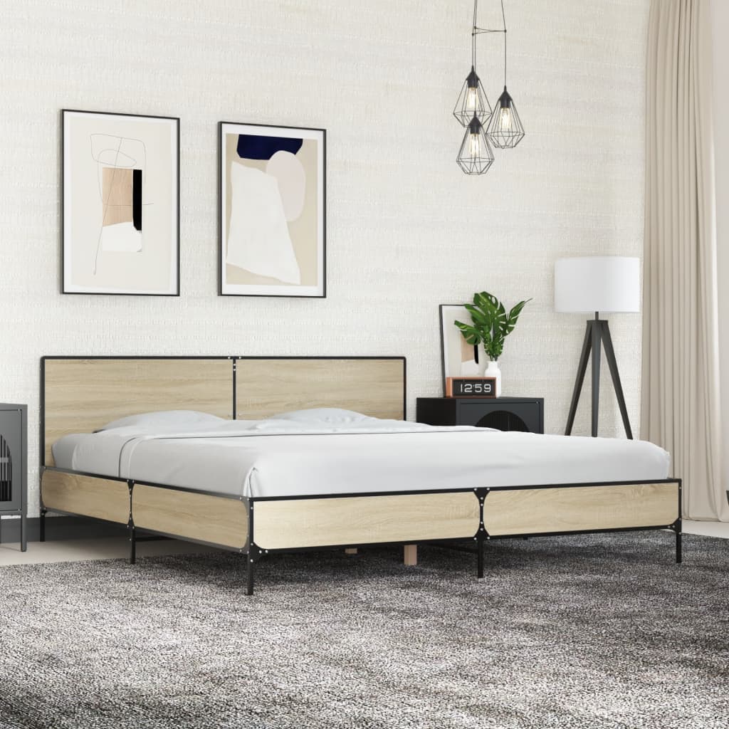 Bedframe bewerkt hout metaal sonoma eikenkleurig 200x200 cm is nu te koop bij PeponiXL, paradijselijk wonen!