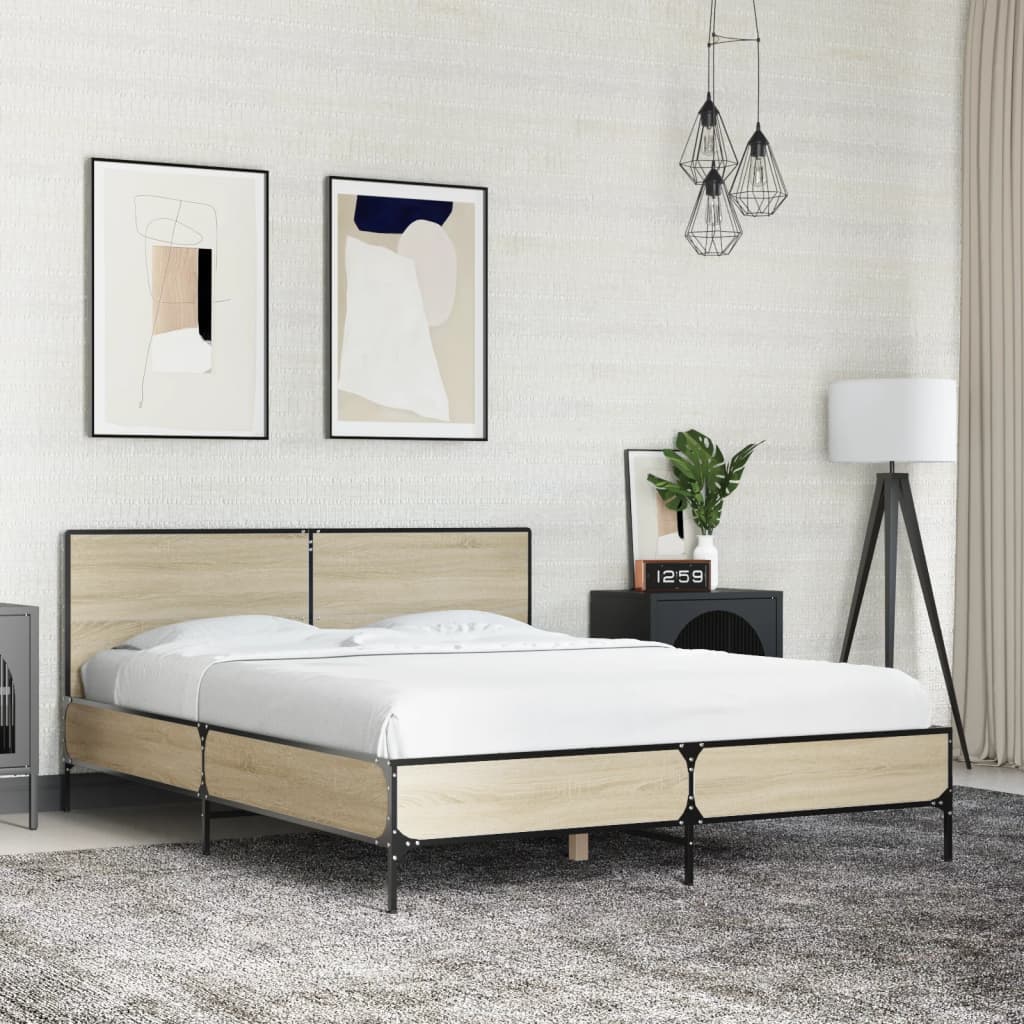 Bedframe bewerkt hout metaal sonoma eikenkleurig 120x190 cm is nu te koop bij PeponiXL, paradijselijk wonen!