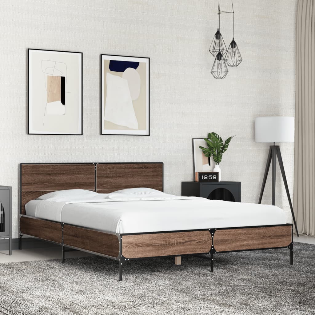 Bedframe bewerkt hout metaal bruin eikenkleur 140x190 cm is nu te koop bij PeponiXL, paradijselijk wonen!
