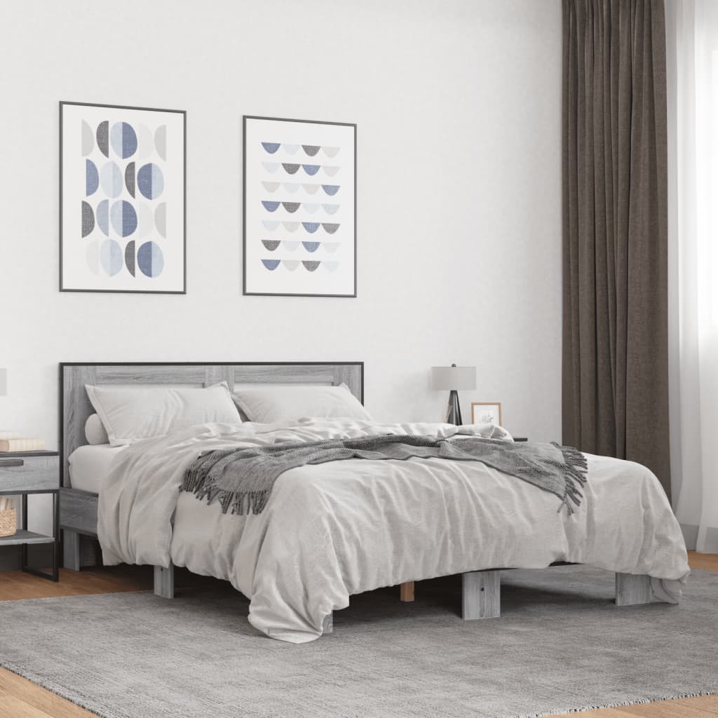 Bedframe bewerkt hout metaal grijs sonoma eiken 120x200 cm is nu te koop bij PeponiXL, paradijselijk wonen!
