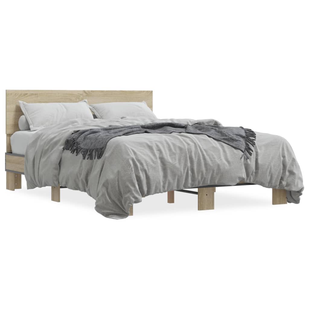 Bedframe bewerkt hout metaal sonoma eikenkleurig 135x190 cm is nu te koop bij PeponiXL, paradijselijk wonen!