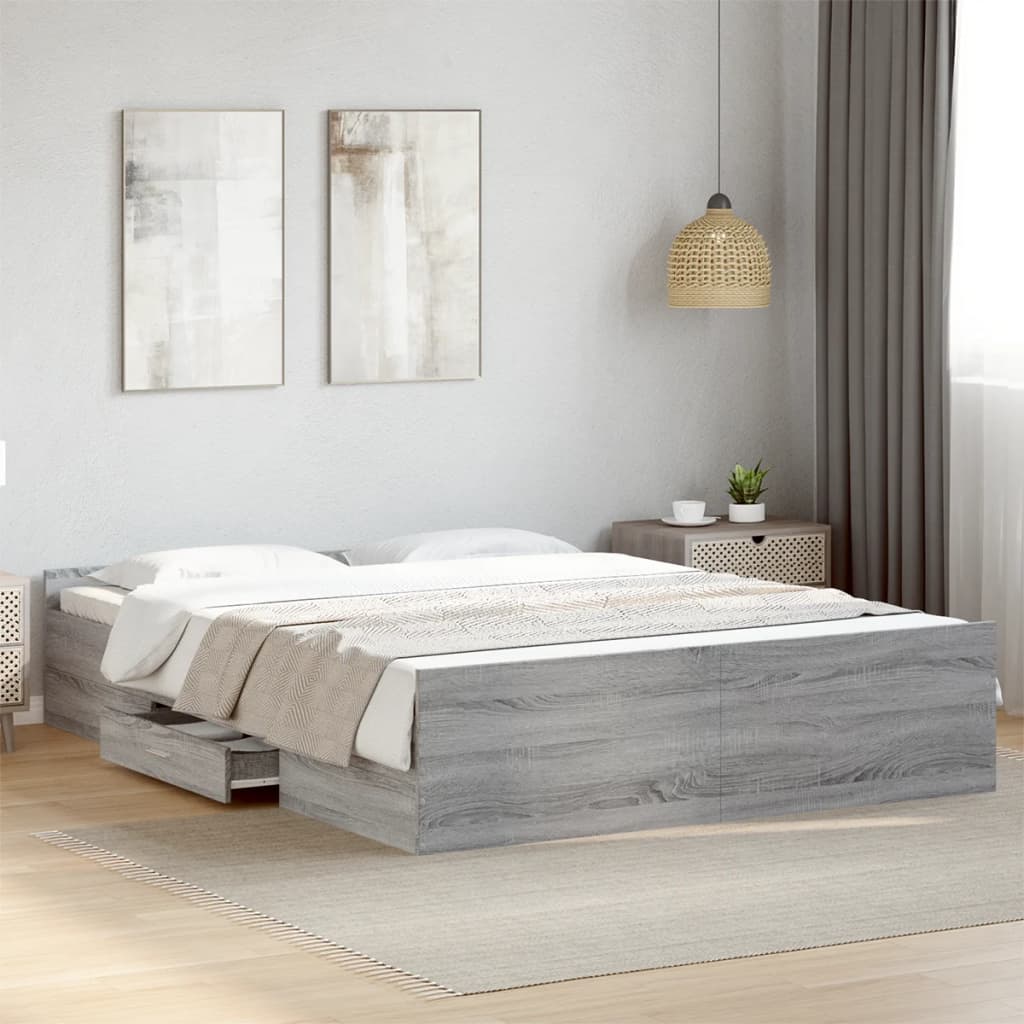 Bedframe met lades bewerkt hout grijs sonoma eiken 160x200 cm is nu te koop bij PeponiXL, paradijselijk wonen!