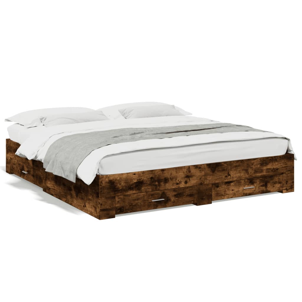 Bedframe met lades bewerkt hout gerookt eikenkleurig 200x200 cm is nu te koop bij PeponiXL, paradijselijk wonen!