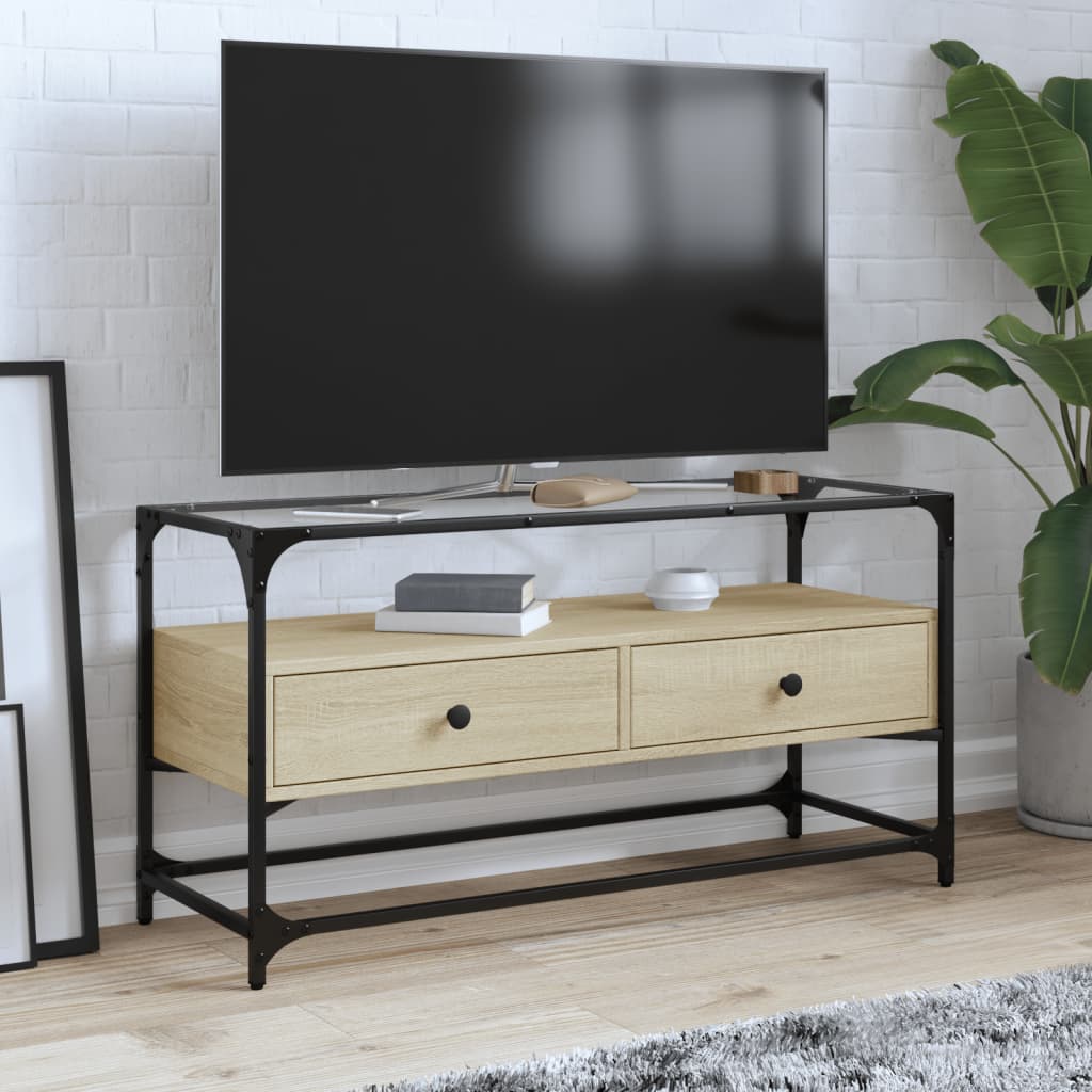 Tv-meubel met glazen blad 98x35x51 cm bewerkt hout sonoma eiken is nu te koop bij PeponiXL, paradijselijk wonen!