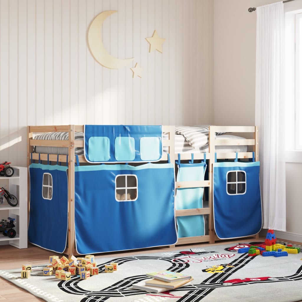 Stapelbed met gordijnen 90x200 cm massief grenenhout blauw is nu te koop bij PeponiXL, paradijselijk wonen!