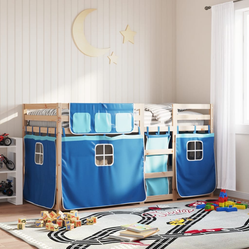 Stapelbed met gordijnen 90x190 cm massief grenenhout blauw is nu te koop bij PeponiXL, paradijselijk wonen!
