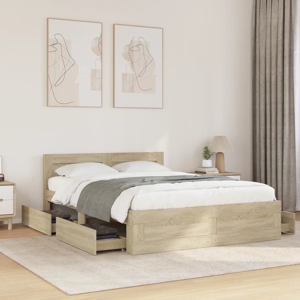 Bedframe met hoofdeinde bewerkt hout sonoma eiken 135x190 cm is nu te koop bij PeponiXL, paradijselijk wonen!