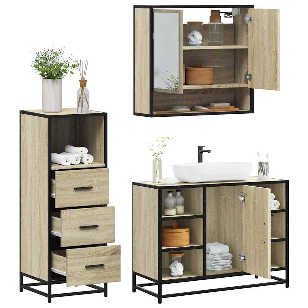 3-delige Badkamermeubelset bewerkt hout sonoma eikenkleurig is nu te koop bij PeponiXL, paradijselijk wonen!