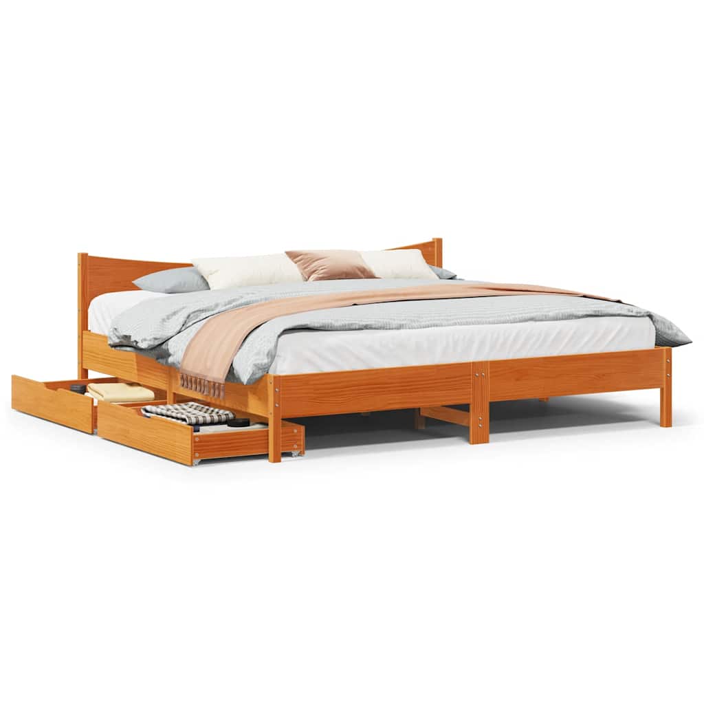 Bedframe met lades massief grenenhout wasbruin 200x200 cm is nu te koop bij PeponiXL, paradijselijk wonen!