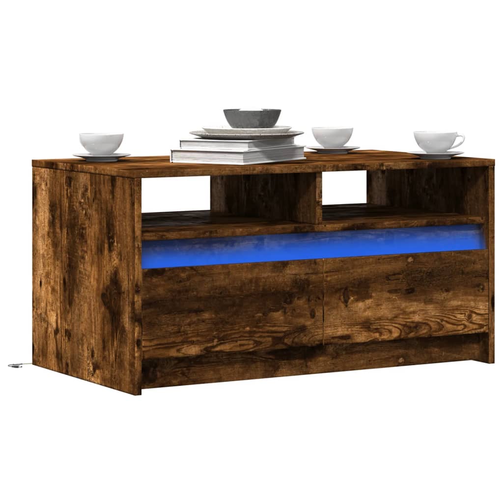 Salontafel met LED-verlichting bewerkt hout gerookt eikenkleur is nu te koop bij PeponiXL, paradijselijk wonen!