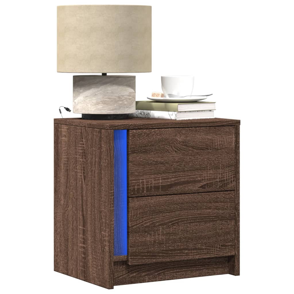 Nachtkastje met LED-verlichting bewerkt hout bruin eikenkleur is nu te koop bij PeponiXL, paradijselijk wonen!