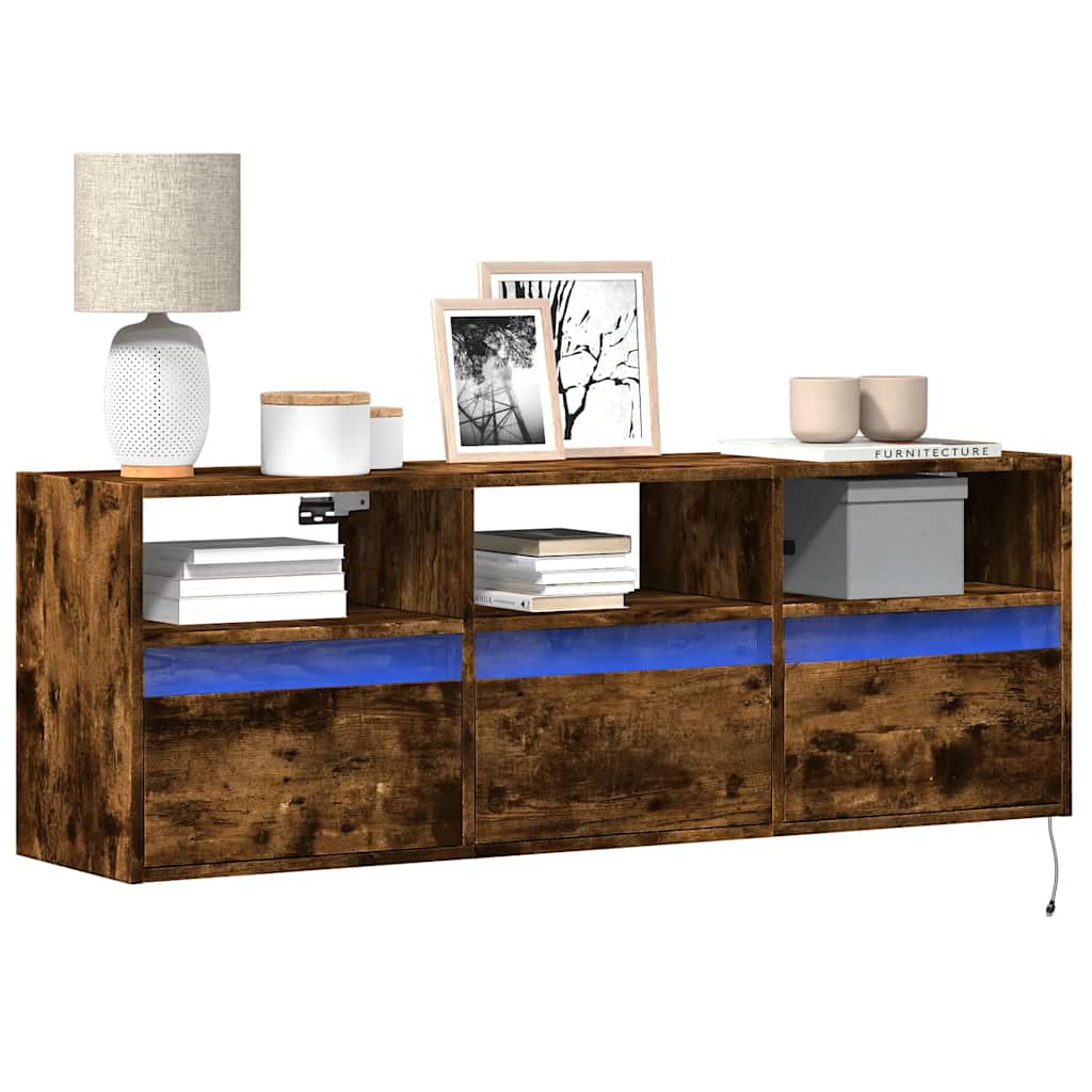 Tv-wandmeubel met LED-verlichting 130x31x45 cm gerookt eiken is nu te koop bij PeponiXL, paradijselijk wonen!