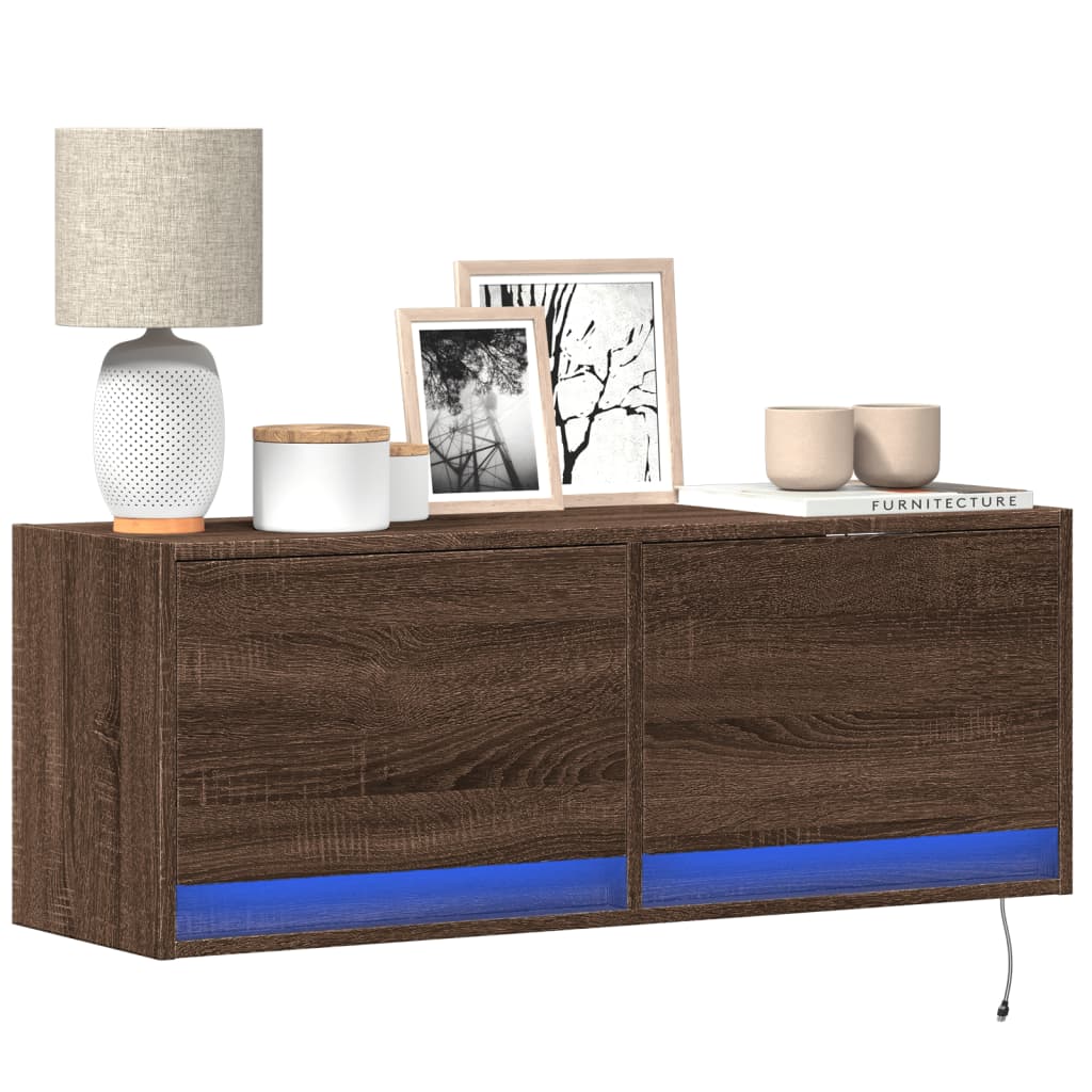 Tv-wandmeubel met LED-verlichting 100x31x35 cm bruin eikenkleur is nu te koop bij PeponiXL, paradijselijk wonen!