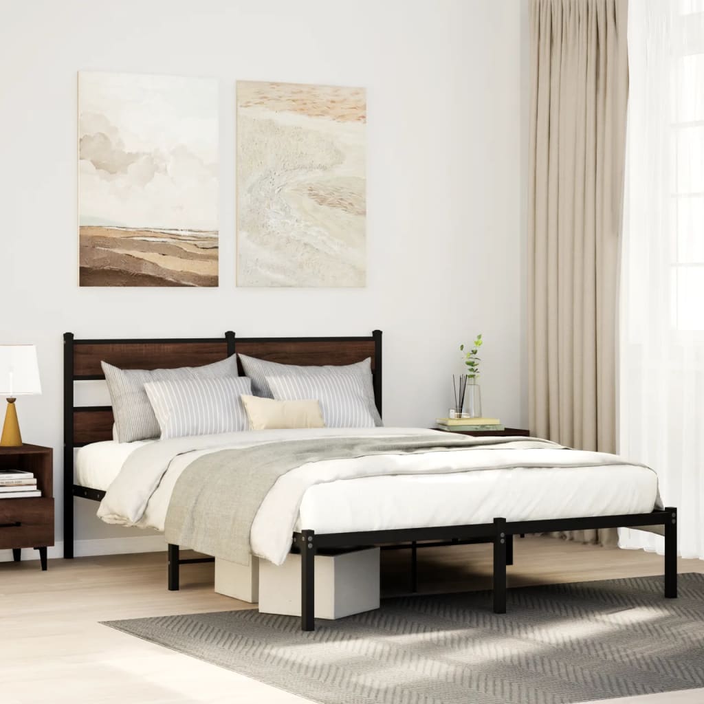 Bedframe met hoofdbord zonder matras bruin eiken 150x200 cm is nu te koop bij PeponiXL, paradijselijk wonen!