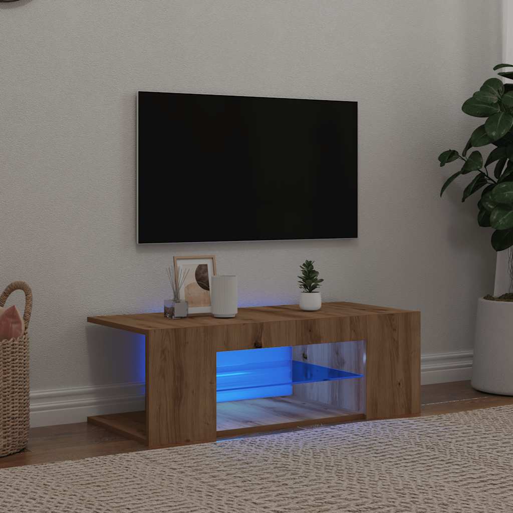 Tv-meubel met LED 90x39x30 cm bewerkt hout artisanaal eiken is nu te koop bij PeponiXL, paradijselijk wonen!