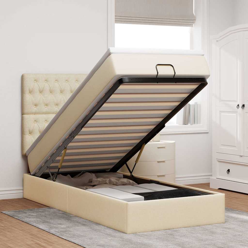 Ottoman bed met matras en LED's 100x200cm stof crèmekleurig is nu te koop bij PeponiXL, paradijselijk wonen!