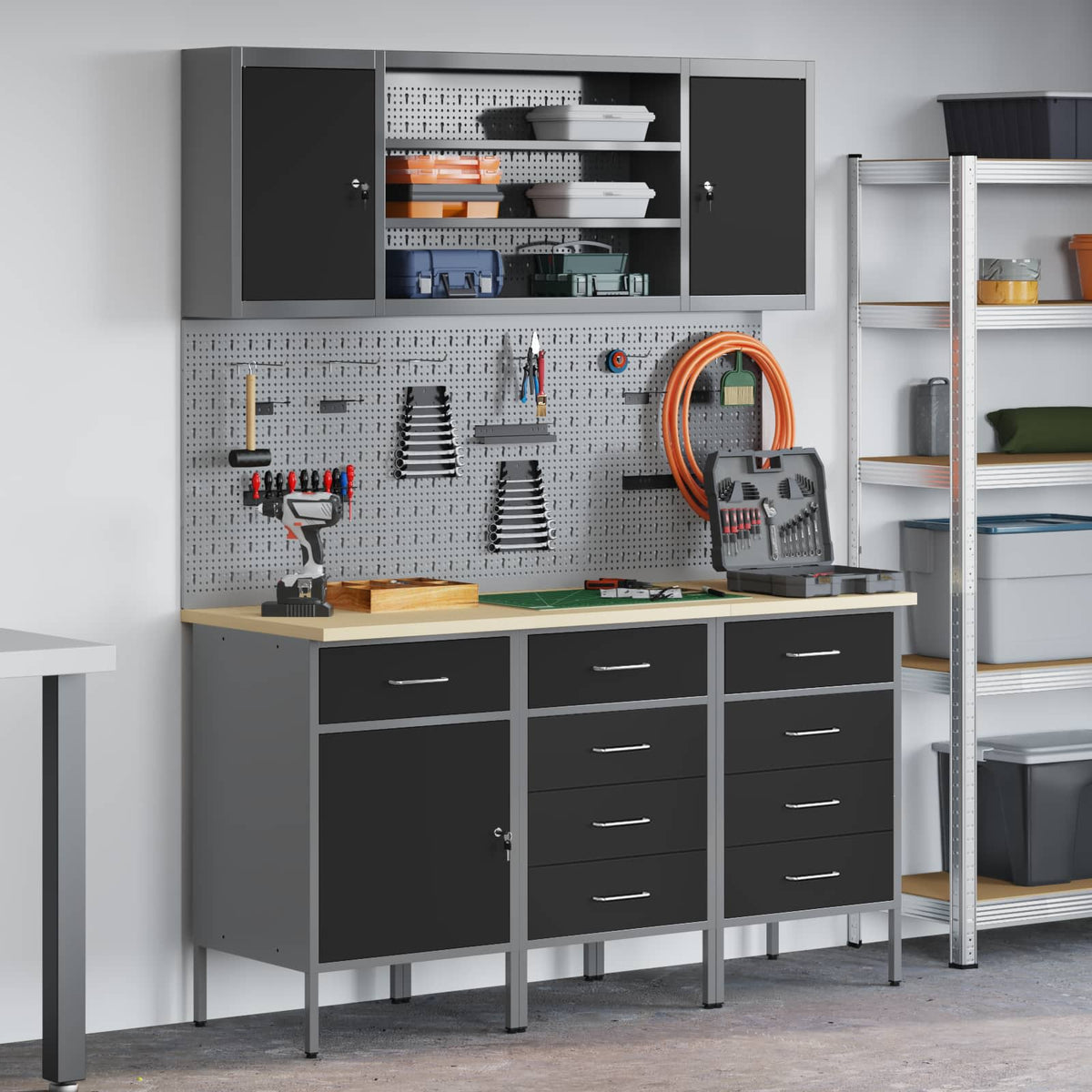 Werk kast met lade met slot 7 st Zwart Engineered hout en staal is nu te koop bij PeponiXL, paradijselijk wonen!