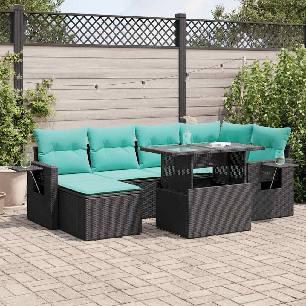 7-delige tuinbankset met kussens, zwart polyrotan en acacia is nu te koop bij PeponiXL, paradijselijk wonen!