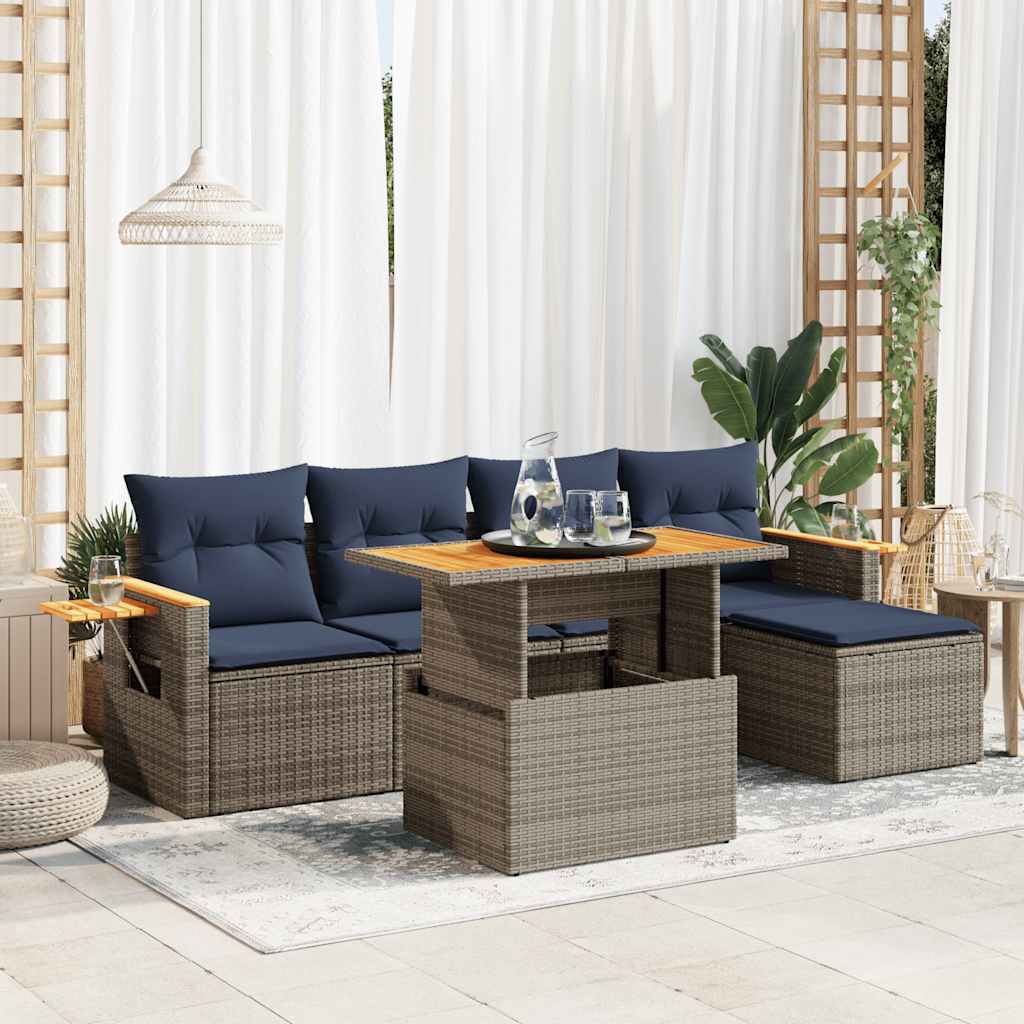 6-delige Loungeset met kussens poly rattan acacia grijs is nu te koop bij PeponiXL, paradijselijk wonen!
