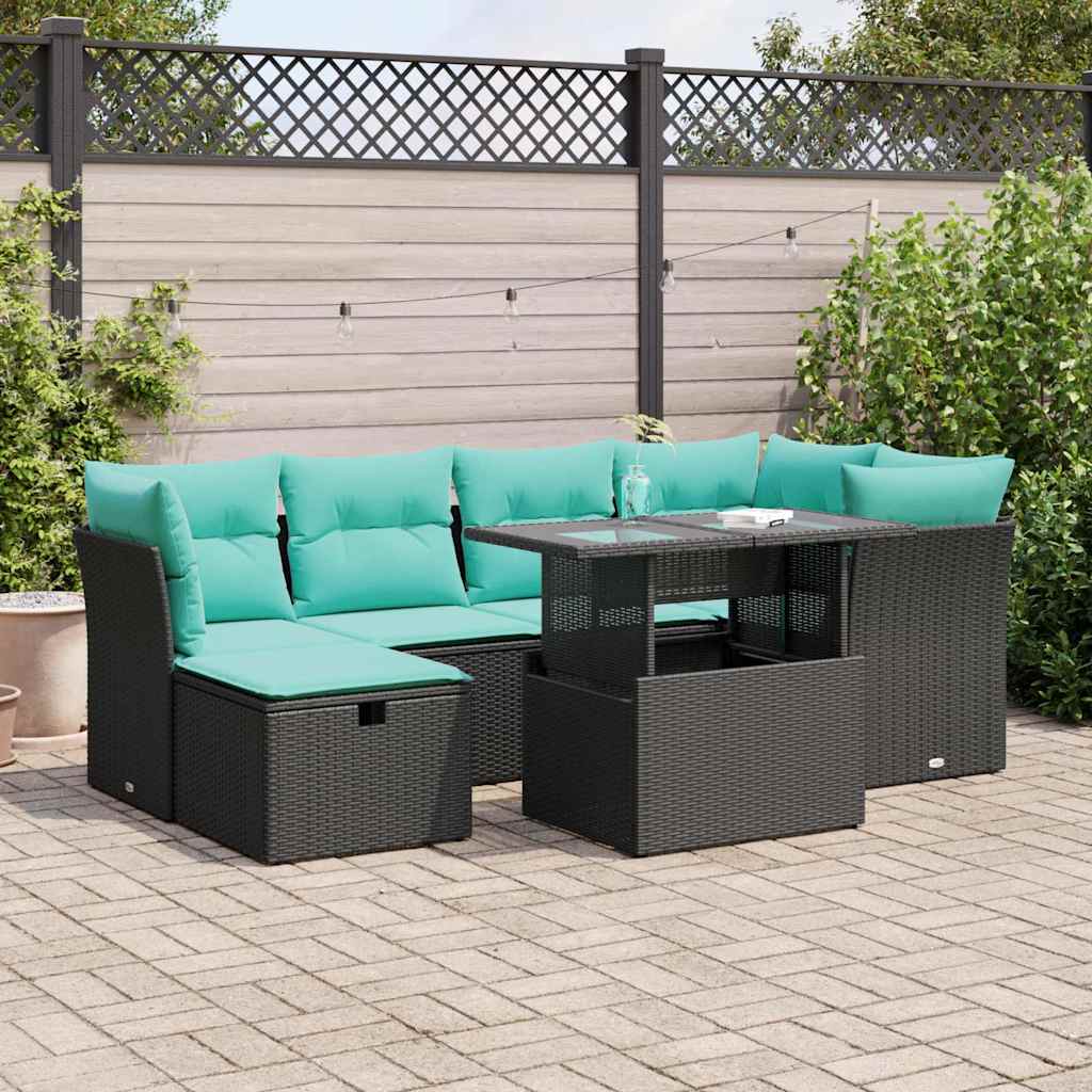 7-delige Loungeset met kussens poly rattan acacia zwart is nu te koop bij PeponiXL, paradijselijk wonen!