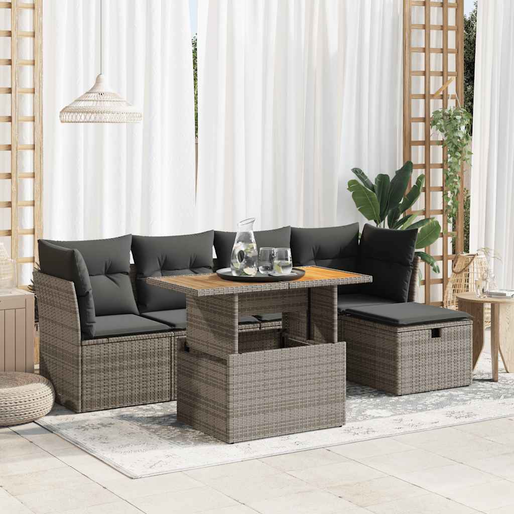 6-delige Loungeset met kussens poly rattan acacia grijs is nu te koop bij PeponiXL, paradijselijk wonen!