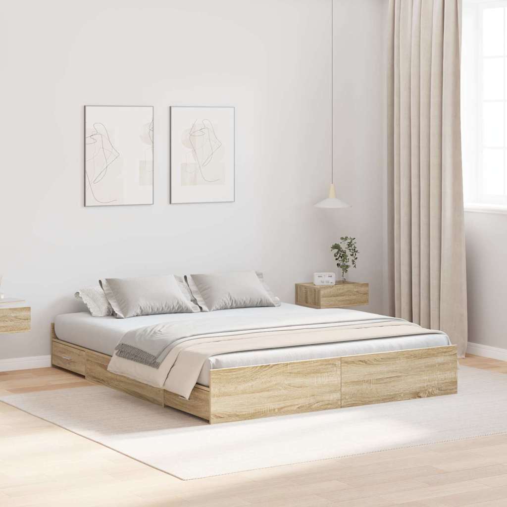 Opbergbedframe met lade Sonoma Eiken 140 x 200 cm Bewerkt hout is nu te koop bij PeponiXL, paradijselijk wonen!