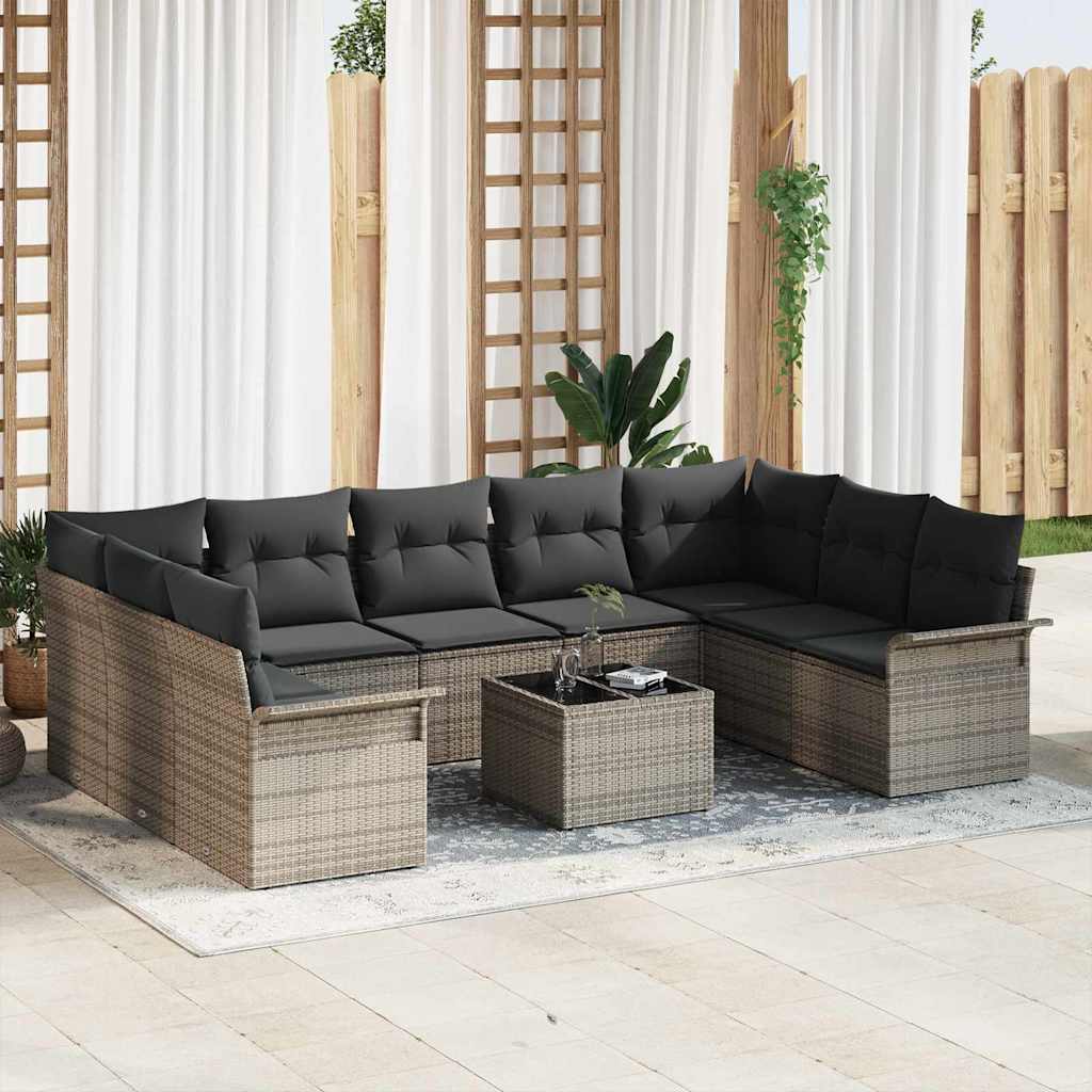 Tuinbankenset met kussen 10 pcs Grijs poly rattan is nu te koop bij PeponiXL, paradijselijk wonen!